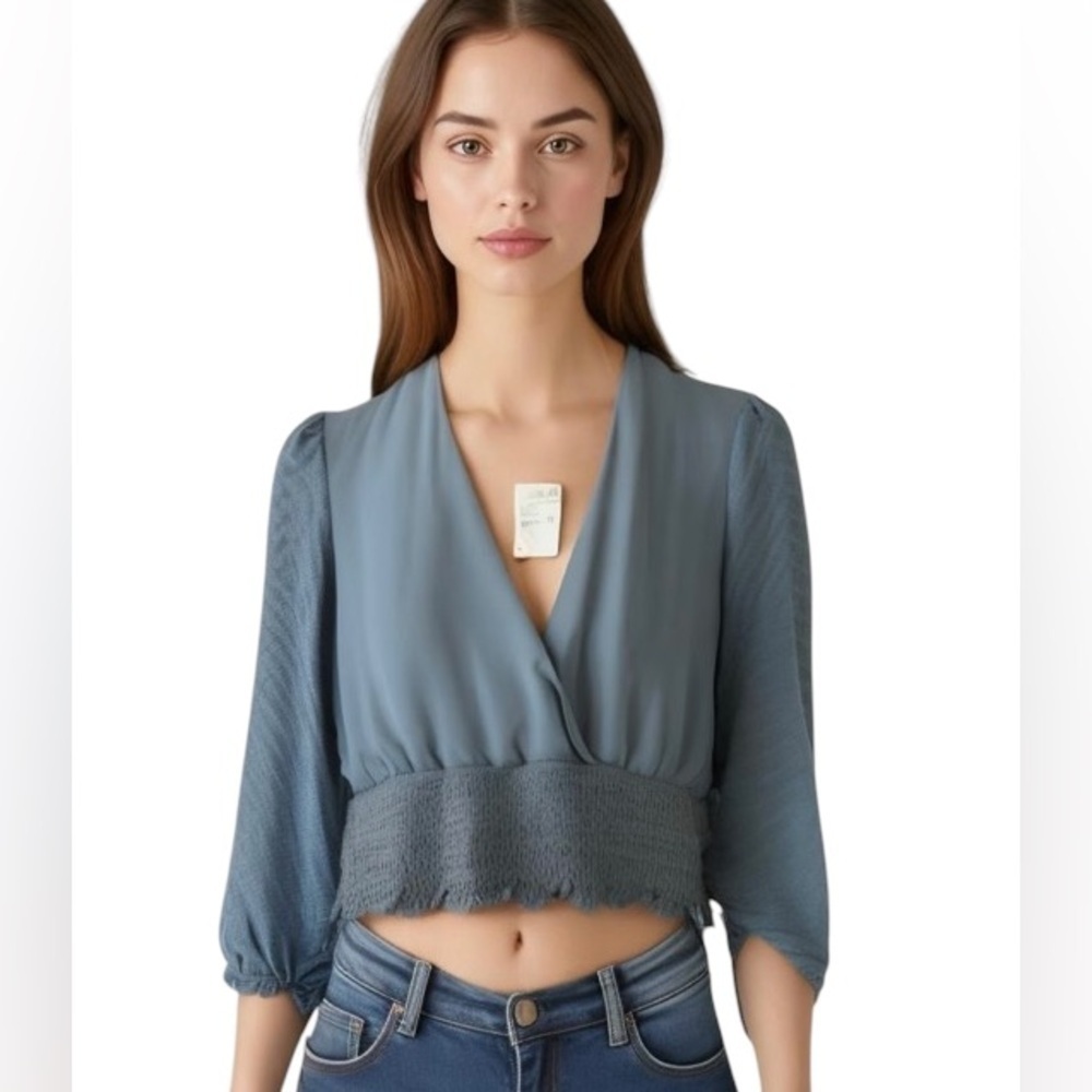 NWT LAUNDRY Dusty Blue Deep V Cinch Bottom Long Sheer Sleeve Blouse Top XL